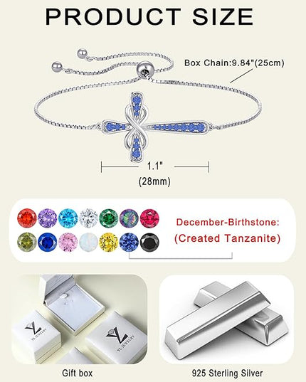 YL Cross Bracelet 925 Sterling Silver Infinity Sideways Link Bracelet Birthstone Jewelry for Women