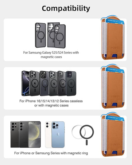 HiWe for MagSafe Wallet for Galaxy S25/S24 Series with Magnetic Case and iPhone 17/16/15/14/13/12 Series, No Case, 6 Cards Holder, RFID Leather Slim, Brown