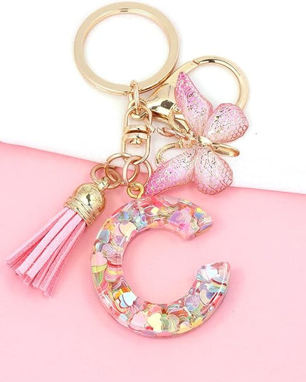 Fashion Alphabet Initial Letter Keychain Tassel Butterfly Pendant Key Ring for Purse Handbags Women Girl