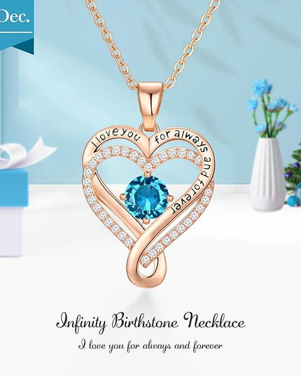 Infinity Love Heart Birthstone Necklace for Women Wife, S925 Sterling Silver Anniversary for Women Wife Birthday Gift for Her Girlfriend Mom Daughters, I Love You Women's Jewelry 18k Rose Gold Filled