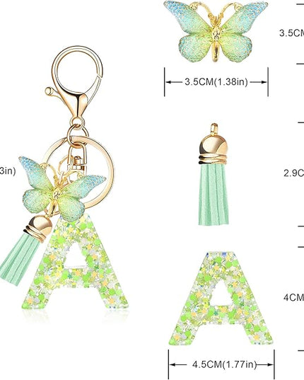 Fashion Alphabet Initial Letter Keychain Tassel Butterfly Pendant Key Ring for Purse Handbags Women Girl