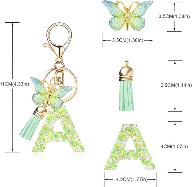Fashion Alphabet Initial Letter Keychain Tassel Butterfly Pendant Key Ring for Purse Handbags Women Girl