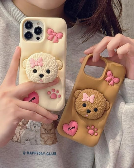 Case Compatible with iPhone 15 Pro,Cute 3D Kawaii Funny Dog Stand White Cartoon Cover with Keychain Soft Silicone Gel Drop Protector Women Girls
