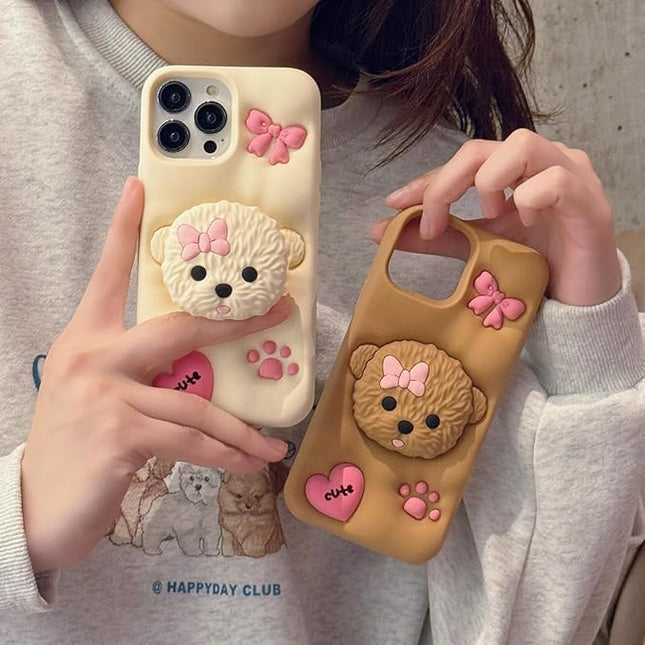 Case Compatible with iPhone 14 Pro Max,Cute 3D Kawaii Funny Dog Stand Brown Cartoon Cover with Keychain Soft Silicone Gel Drop Protector Women Girls