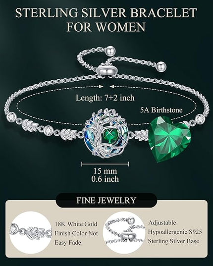 TOUPOP Tree of Life Birthstone Bracelet 925 Sterling Silver Family Tree Austrian Crystal Jewelry Anniversary Birthday Christmas Gifts for Women Wife Girlfriend Her