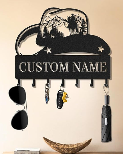 LOWACOS Personalized Key Holder for Wall, Custom Metal Cowboy Key Hooks with Name, Meta Jacket Holder Hooks Organizer Rack, Jacket Hanger Decor for Kitchen, Entryway, Hallway, Office, Doorway