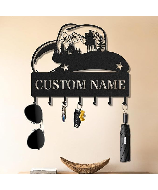 LOWACOS Personalized Key Holder for Wall, Custom Metal Cowboy Key Hooks with Name, Meta Jacket Holder Hooks Organizer Rack, Jacket Hanger Decor for Kitchen, Entryway, Hallway, Office, Doorway