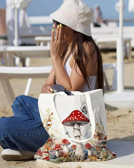 Aesthetic Canvas Tote Bag with Zipper Pockets & Snaps for Women,Reusable Shopping Grocery Bags Gifts -Work, Gym