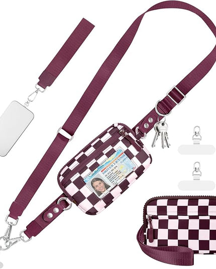 Clip and Go Strap for Phone with Wallet Crossbody Phone Lanyard and Detachable Checkered Bag with ID Window and RFID Pouch for Daily Travel.