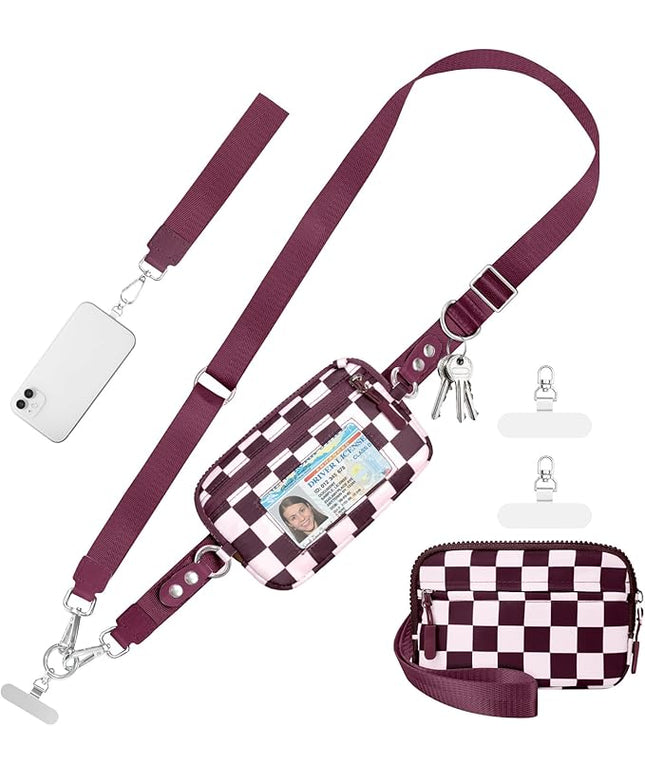 Clip and Go Strap for Phone with Wallet Crossbody Phone Lanyard and Detachable Checkered Bag with ID Window and RFID Pouch for Daily Travel.