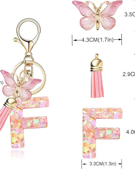 Fashion Alphabet Initial Letter Keychain Tassel Butterfly Pendant Key Ring for Purse Handbags Women Girl