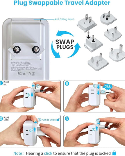 VINTAR Universal Travel Adapter Kit, International Power Adapter with 3 USB Ports (2 USB C) 4 AC Outlets, Type A,C,G,D,I,M Detachable Attachments, Travel Adapter Worldwide for US/EU/UK/India/Africa