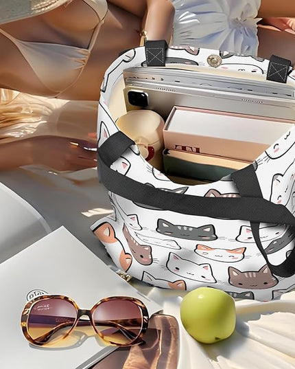 Canvas Tote Bag for Women，Cute Heavy-Duty Shoulder Bag with Zipper Pocket -Travel Tote for Grocery, Gym,Shopping