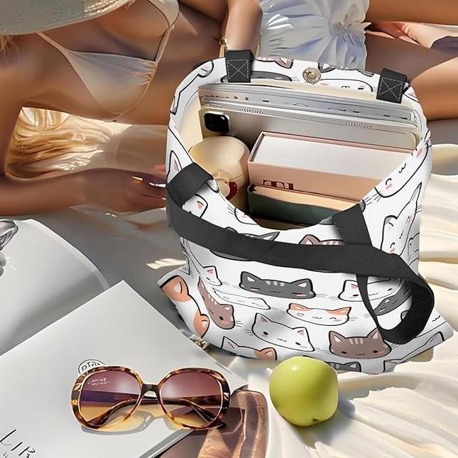 Canvas Tote Bag for Women，Cute Heavy-Duty Shoulder Bag with Zipper Pocket -Travel Tote for Grocery, Gym,Shopping