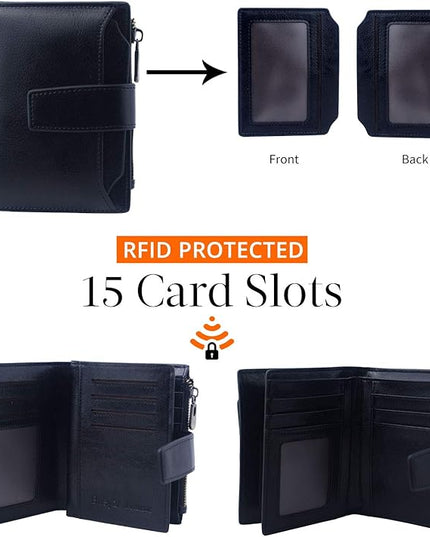 Bveyzi Women's Small Leather RFID Blocking Bifold Zipper Pocket Wallet Ladies Credit Card Slots Purse with id Window