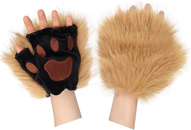 HAOAN Wolf Paw Gloves Faux Fur Cat Fingerless Mittens Winter Warm Cosplay Halloween Fancy Party Costume Accessories