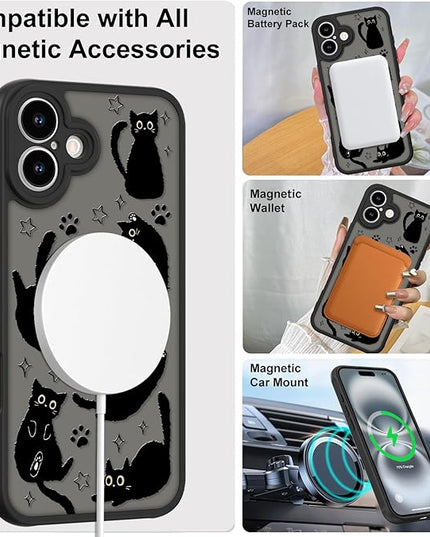 Cute Magnetic Case for iPhone 16 Plus Case [ Compatible with MagSafe ] with Black Cat Cats Pattern Design for Women Girls Boys, Soft Bumper Hard Back Kawaii Animal Protective Phone Cover