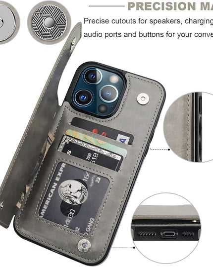 ONETOP Compatible with iPhone 13 Pro Max Wallet Case with Card Holder,PU Leather Kickstand Card Slots Case, Double Magnetic Clasp and Durable Shockproof Cover 6.7 Inch(Gray)