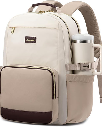 LOVEVOOK Laptop Backpack for Women with Pouch Pocket for Large Capacity Cup,15.6 Inch Laptop Computer Bag Travel Backpack Purse,Waterproof Work Business College Teacher Backpack,Beige-Nude-Logam Plum