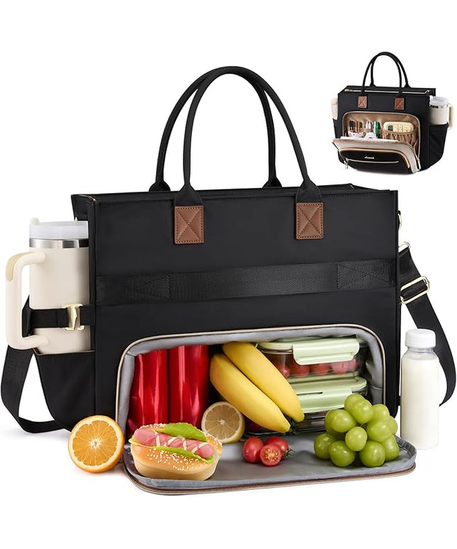 LOVEVOOK Insulated Lunch Bag,2-in-1 Work Tote Bag with Lunch Compartment,Large Capacity Professional Work Bag for Women,15.6 Inch Laptop Bag with Cup Holder for Teacher,Nurse,College,Office,Travel