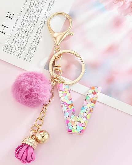 Resin Alphabet Initial Letter Keychain Keyring for Women Purse Handbags With Fur Ball Pom