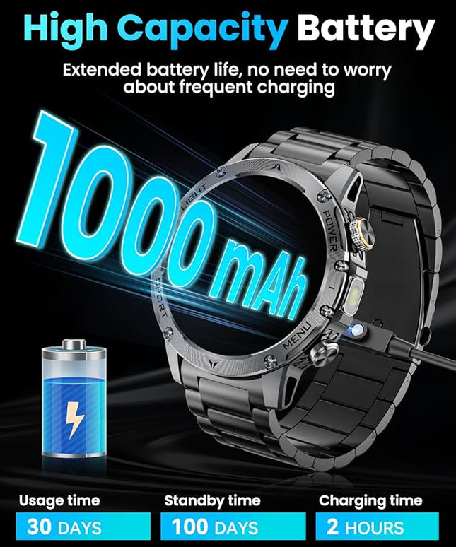 Military Smart Watches for Men, 1.7″ Smartwatch with 1000 mAh Battery/2 Straps/Led Flashlight/Heart Rate/Sleep Monitor 100+ Sport Modes, Answer/Make Calls Fitness Watch for Android/iPhone