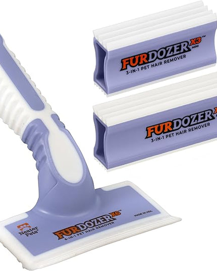 FurDozer Pet Hair Remover & Auto Detailing Tools - Cat & Dog Hair Remover for Carpets, Car Interiors, Couches, Bedding, & Pet Furniture (Purple, (3 Pack) - X6, X3 PRO, X3 MINI)