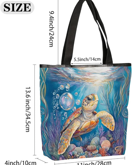 Pardick Canvas Tote Bags, Ocean Turtle Tote Bag Eco Friendly Reusable Grocery Shopping Bagsfor Beach, Books, Women with Zipper Inner Pocket