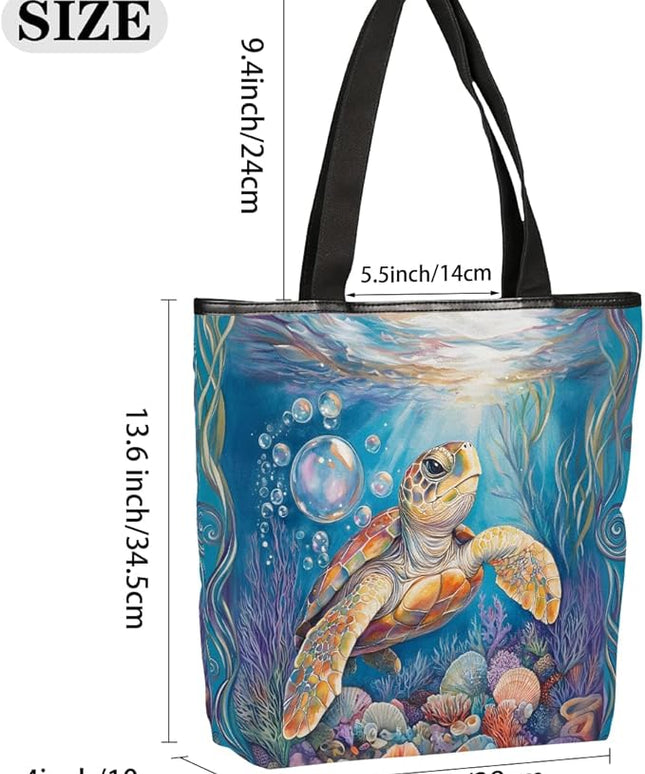 Pardick Canvas Tote Bags, Ocean Turtle Tote Bag Eco Friendly Reusable Grocery Shopping Bagsfor Beach, Books, Women with Zipper Inner Pocket