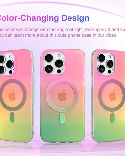 Aesthetic Case for iPhone 12 Pro Max Case for Women Girls, Compatible with Magsafe, Cute Girly Trendy Glitter Sparkly Rainbow Magnetic Protective Phone Cover, Matte Iridescent Pink & Green
