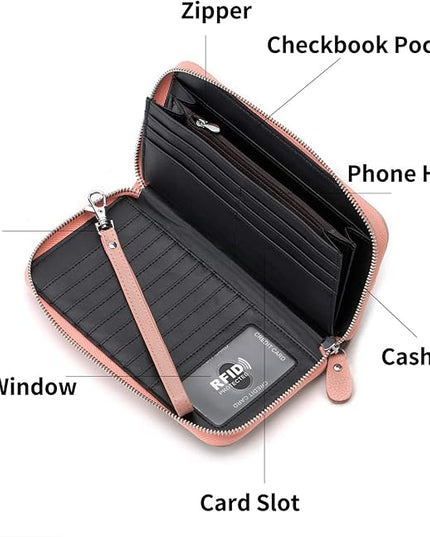 Moflycom Womens Wallet RFID Blocking Genuine Leather Multi Credit Card Large Capacity Zip Around Clutch Travel Purse Wristlet