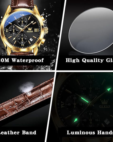 OLEVS Leather Chronograph Watch Men - Leather Strap (Brown/Black), Work Luminous Waterproof Analog Quartz Dress Wrist Watch with Blue/Black/Brown/White Dial