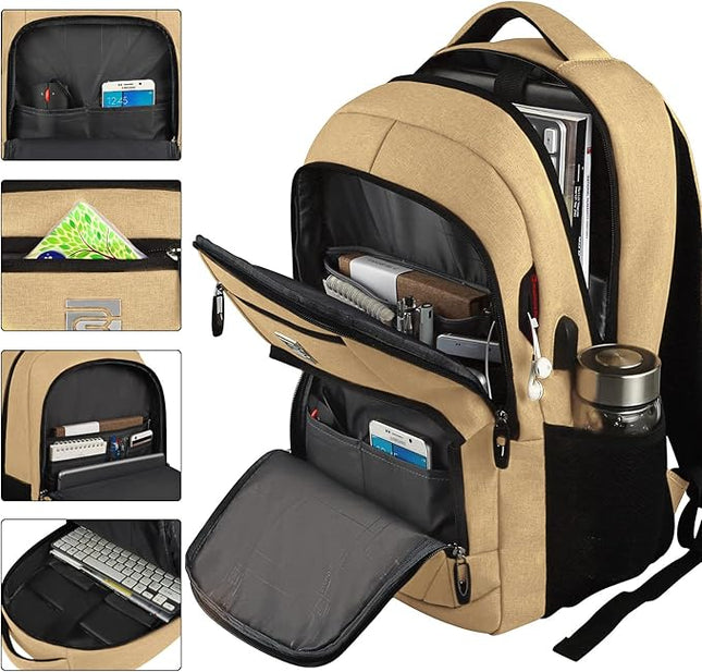 Laptop Backpack,Business Travel Anti Theft Slim Durable Laptops Backpack with USB Charging Port,Water Resistant College Computer Bag for Women & Men Fits 15.6 Inch Laptop and Notebook-Khaki