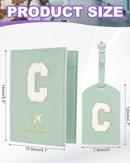 PATIKIL Passport Holder for Travel, Initial Passport Cover and Luggage Tag Set with Alphabet Chenille Letter Patch Travel Wallet Bag Suitcase Identifier for Women Family Travel Green C