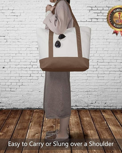 TOPDesign 3-Pack Canvas Tote Bags with an External Pocket, Reusable Grocery Shopping Bags, Top Zipper Closure, Daily Essentials (Brown/Natural)