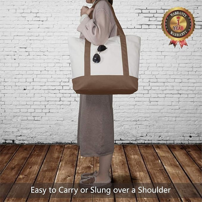 TOPDesign 3-Pack Canvas Tote Bags with an External Pocket, Reusable Grocery Shopping Bags, Top Zipper Closure, Daily Essentials (Brown/Natural)