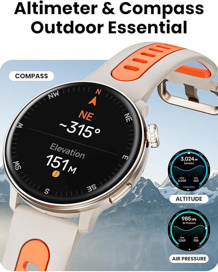 Smart Watch GPS, 1.43" AMOLED Screen Smart Watch for Men/Women Fitness Tracker, Military Smartwatches Compass，Compatible with Android & iOS (Bluetooth Call Answer/Dial), Multiple Sports Modes(Orange）