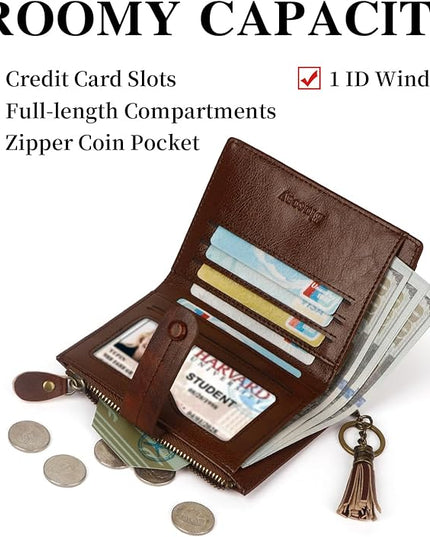 Blucoay Leather Wallet Women,RFID Blocking Small Wallets for Women Compact Bifold Wallet Card Holder With Zipper Coin Pocket darkbrown