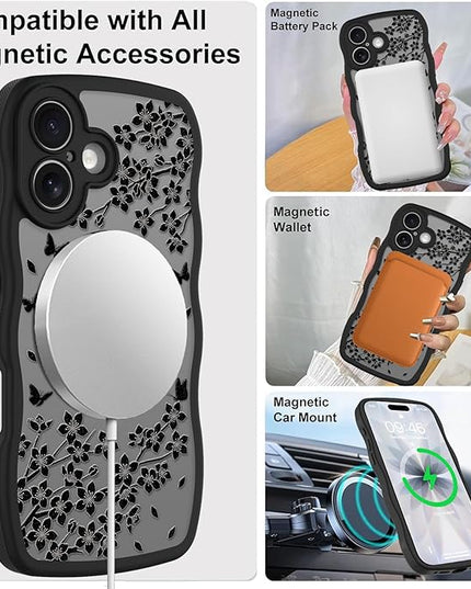 Wavy Case for iPhone 17 Case with Stand [Compatible with MagSafe] Cute Black Cat & Floral & Butterflies Pattern Design, Kawaii 360 Magnetic Ring Kickstand Phone Cover for Women Girls