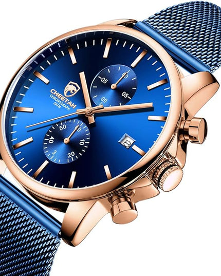 GOLDEN HOUR Mens Watch Fashion Sleek Minimalist Quartz Analog Mesh Stainless Steel Waterproof Chronograph Watches for Men with Auto Date