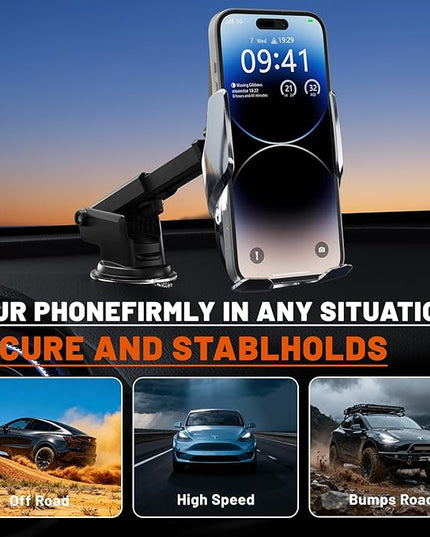 15W Fast Wireless Car Charger, Auto-Clamping Silver Car Phone Holder with Strong Suction Cup,360°Adjustable Dashboard/Windshield Mount for iPhone17-11&Samsung S Series Essential Car Accessories