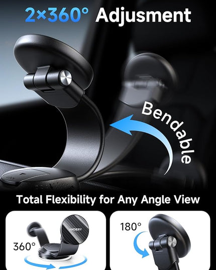 Car Phone Holder for MagSafe [360° Adjustable Memory Alloy Arm | 2400gf Strongest Magnetic Power] Bendable Car Mount, Phone Holders for Your Car for iPhone 17-12 & All Smartphones, with Dashboard Pad