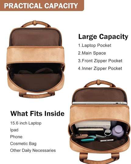 MASINTOR Leather Laptop Backpack for Women, Stylish Computer Backpack College Business Work Shoulder Bags Work and Travel Retro Camel