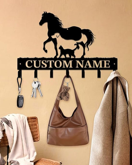Personalized Custom Name Farm Horse Wall Key Hooks,Metal Horse Art Clothes Hooks,Metal Horse Wall Home Storage Decorative,For Front Door, Hallway, Kitchen, Bedroom,Keys,Hats (Style A)