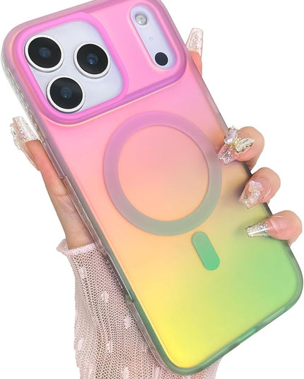 Aesthetic Case for iPhone 17 Pro Max Case for Women Girls [Compatible with Magsafe] Cute Girly Trendy Glitter Sparkly Rainbow Magnetic Protective Phone Cover, Matte Iridescent Pink & Green