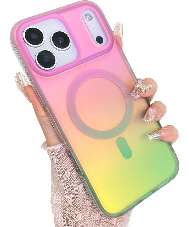 Aesthetic Case for iPhone 17 Pro Max Case for Women Girls [Compatible with Magsafe] Cute Girly Trendy Glitter Sparkly Rainbow Magnetic Protective Phone Cover, Matte Iridescent Pink & Green