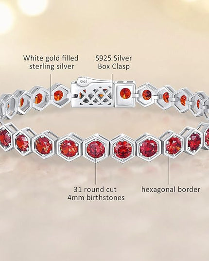 Birthstone Tennis Bracelets for Women Birthday Gifts 925 Sterling Silver Hexagon White Gold Bracelets Round Cut 5A Cubic Zirconia Prong Setting 7 Inch Anniversary Jewelry Gift