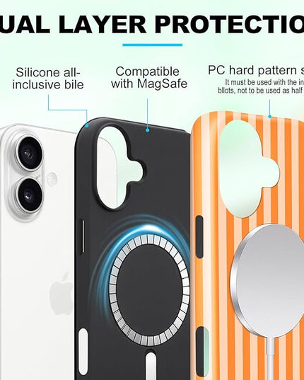 Magnetic for iPhone 17 Case Cute Stripes Phone Case, Shockproof Slim TPU and Hard PC Protective Phone Cover Compatible with MagSafe Designed for Women Girls, Orange