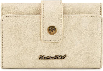 Montana West Small Womens Wallet Western Embossed Floral Women's Wallets Trifold RFID Wallet Women Ladies Female Compact Wallet Travel Clutch Wallett Apricot with ID Window