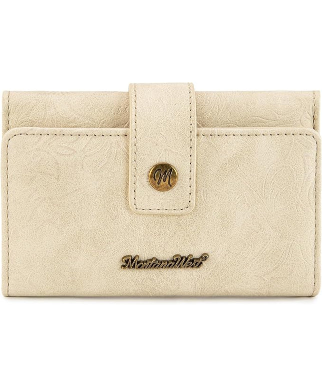 Montana West Small Womens Wallet Western Embossed Floral Women's Wallets Trifold RFID Wallet Women Ladies Female Compact Wallet Travel Clutch Wallett Apricot with ID Window